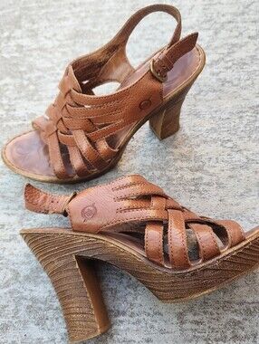 Born Adriel Women’s Tan Leather Strappy Heel Slingback Buckle Sandals, Sz 9